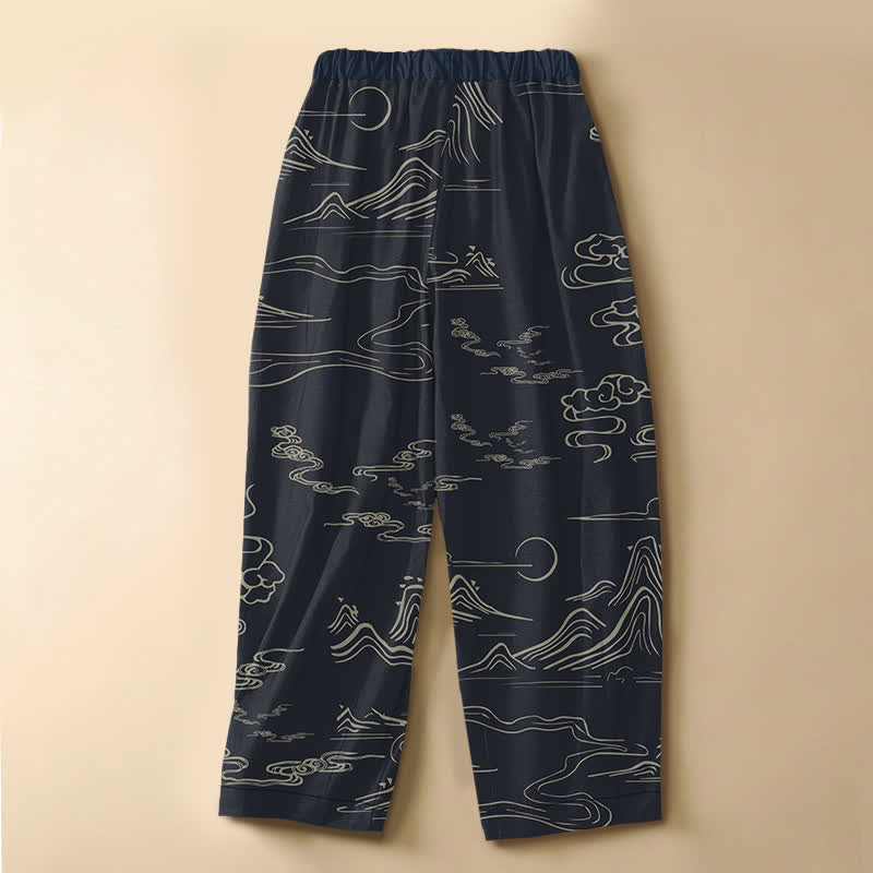 Buddha Stones Harembroek voor dames met elastische Taille en zakken, vintage ontwerp van 100% Cotton met bergwolkenpatroon en Zakken . - image 1