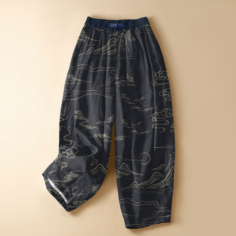 Buddha Stones Harembroek voor dames met elastische Taille en zakken, vintage ontwerp van 100% Cotton met bergwolkenpatroon en Zakken . - Zwart - US16, UK/AU20, EU48 (3XL) - image 0