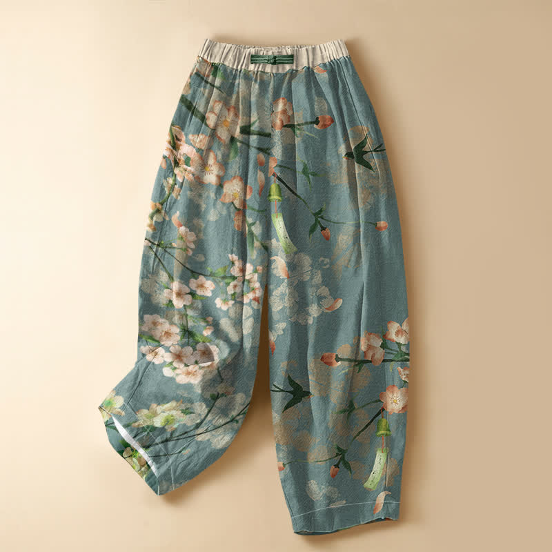 Buddha Stones Harembroek voor dames met elastische Taille en Zakken , met sakura-zwaluwpatroon, kikkerknopen en 100% Cotton. - CadetBlue - US16, UK/AU20, EU48 (3XL) - image 0