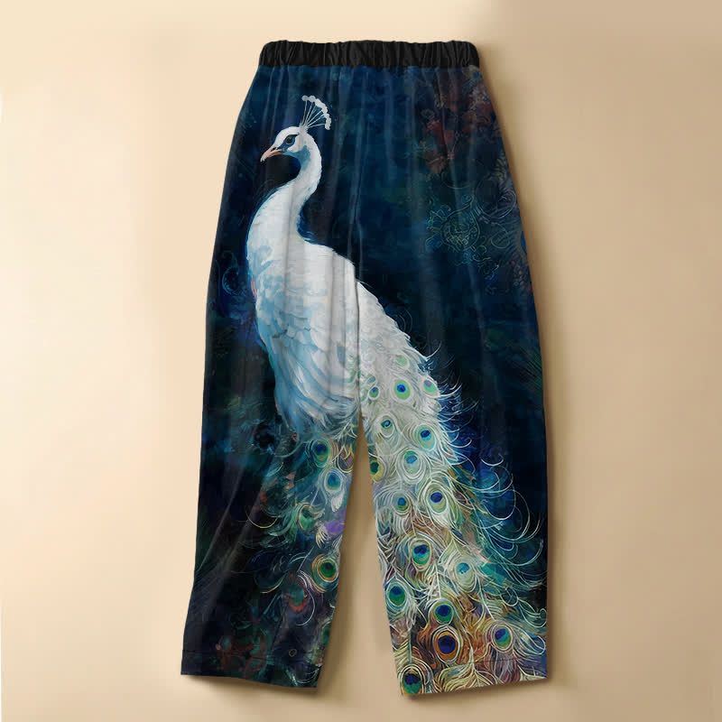 Buddha Stones Witte dames harembroek van 100% Cotton met pauwenprint, kikkerknopen, elastische Taille en Zakken. - image 1
