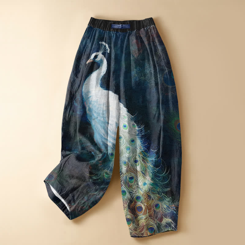 Buddha Stones Witte dames harembroek van 100% Cotton met pauwenprint, kikkerknopen, elastische Taille en Zakken. - Marine - US16, UK/AU20, EU48 (3XL) - image 0