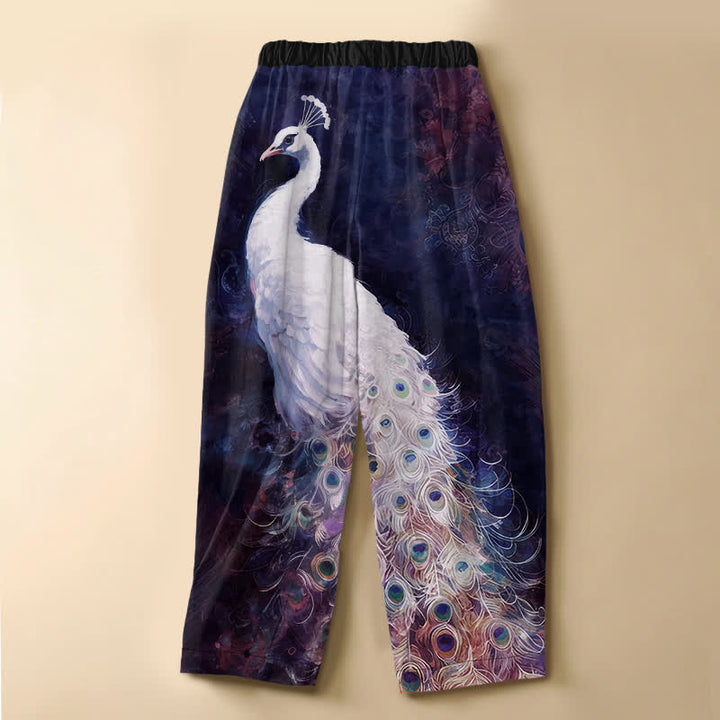 Buddha Stones Witte dames harembroek van 100% Cotton met pauwenprint, kikkerknopen, elastische Taille en Zakken. - image 8