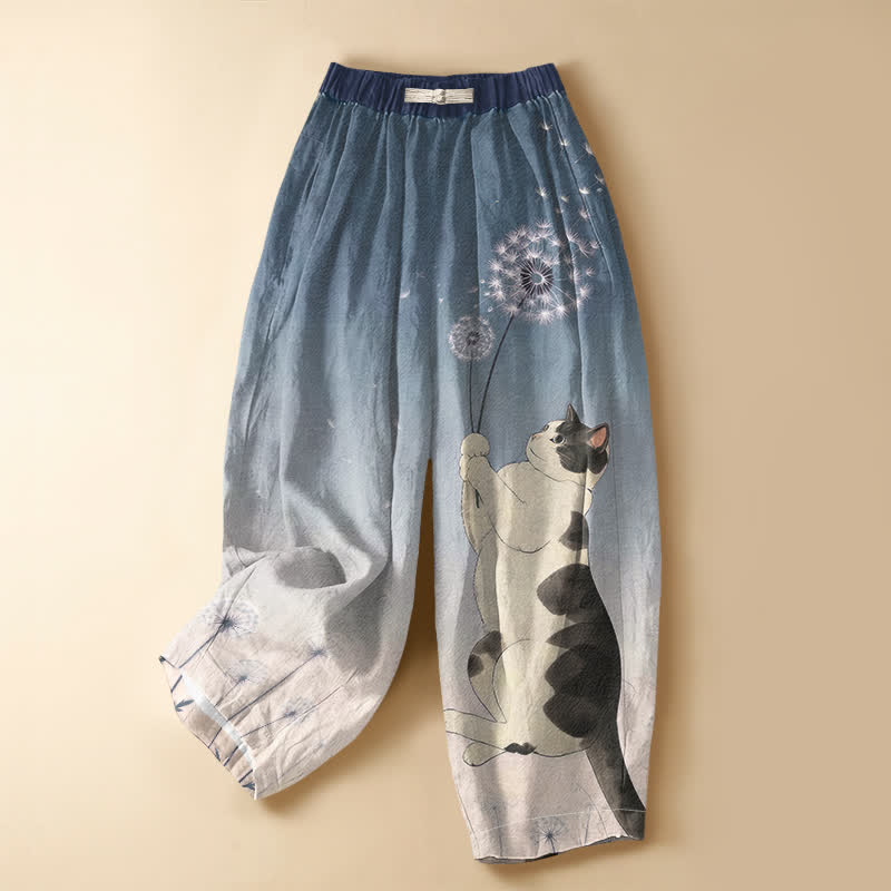 Buddha Stones Harembroek voor dames met elastische Taille en Zakken , speels katten- en paardenbloemmotief, kikkerknopen en een print van 100% Cotton. - Staalblauw - US16, UK/AU20, EU48 (3XL) - image 0