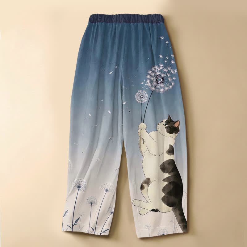 Buddha Stones Harembroek voor dames met elastische Taille en Zakken , speels katten- en paardenbloemmotief, kikkerknopen en een print van 100% Cotton. - image 1