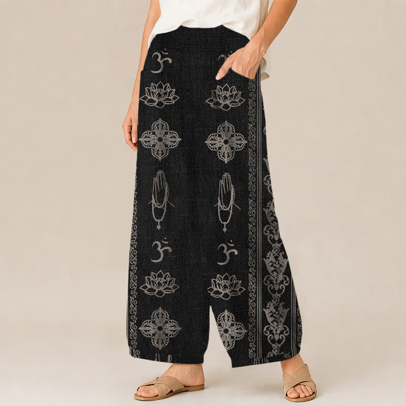 Buddha Stones Katoenen Lotus Double Dorje Vajra Namaste Om Patroon Geplooide Taille met Elastische Taille en Zakken - image 1