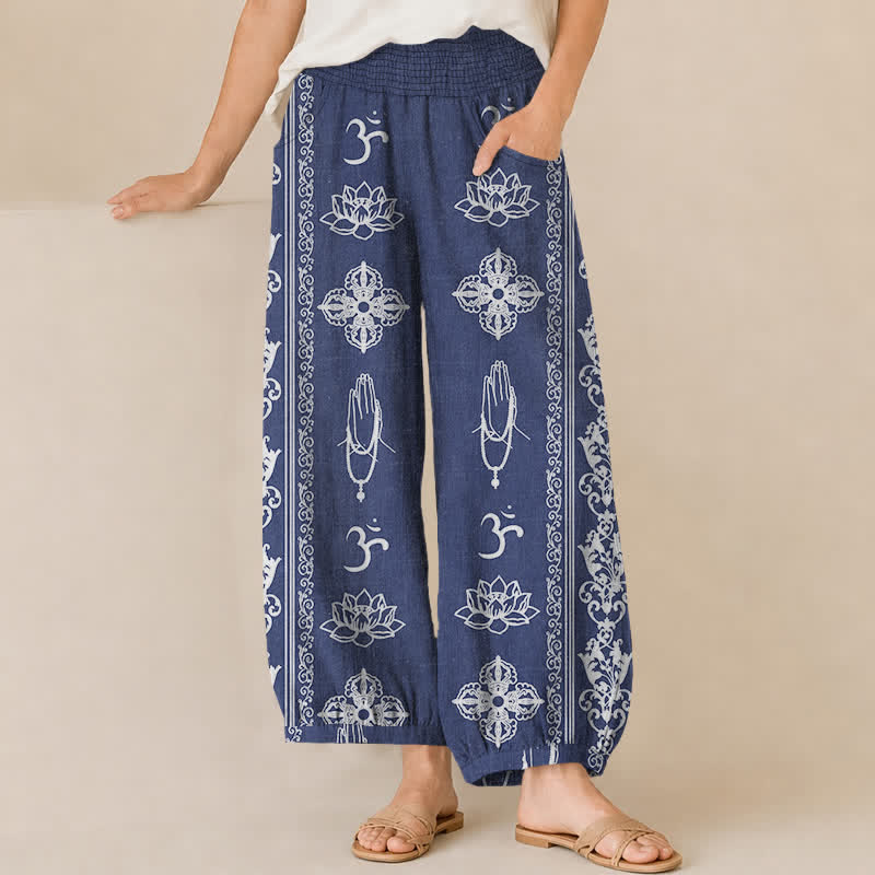 Buddha Stones Katoenen Lotus Double Dorje Vajra Namaste Om Patroon Geplooide Taille met Elastische Taille en Zakken - Korenbloemblauw - US16, UK/AU20, EU48 (3XL) - image 10