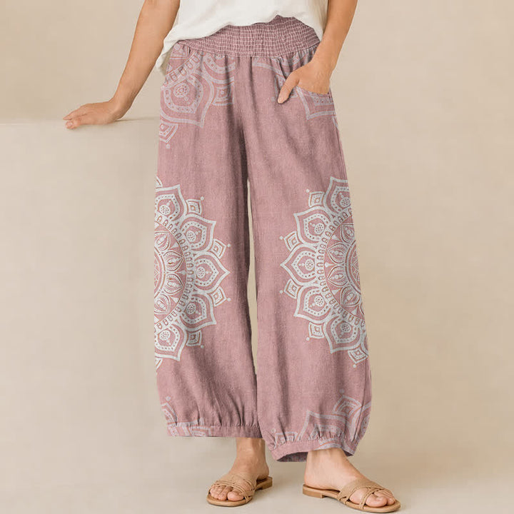 Buddha Stones Witte katoenen bohemian harembroek met mandala-bloemenpatroon, plooien, elastische Taille en Zakken. - Lichtroze - US16, UK/AU20, EU48 (3XL) - image 0