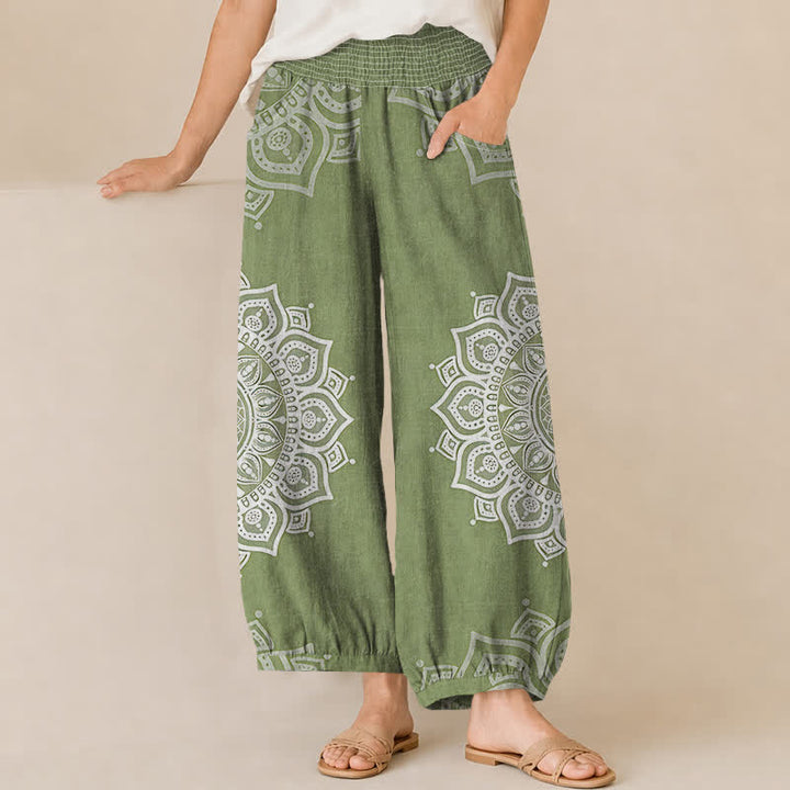 Buddha Stones Witte katoenen bohemian harembroek met mandala-bloemenpatroon, plooien, elastische Taille en Zakken. - Olijfgroen - US16, UK/AU20, EU48 (3XL) - image 10