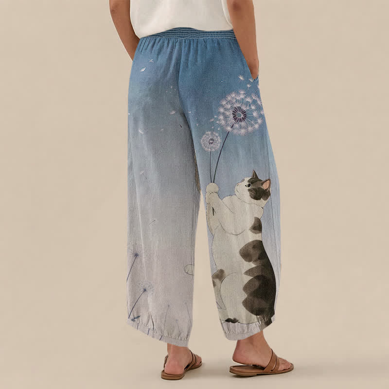 Buddha Stones Speelse katoenen harembroek met katten- en paardenbloemmotief, plooien, elastische Taille en Zakken. - image 2