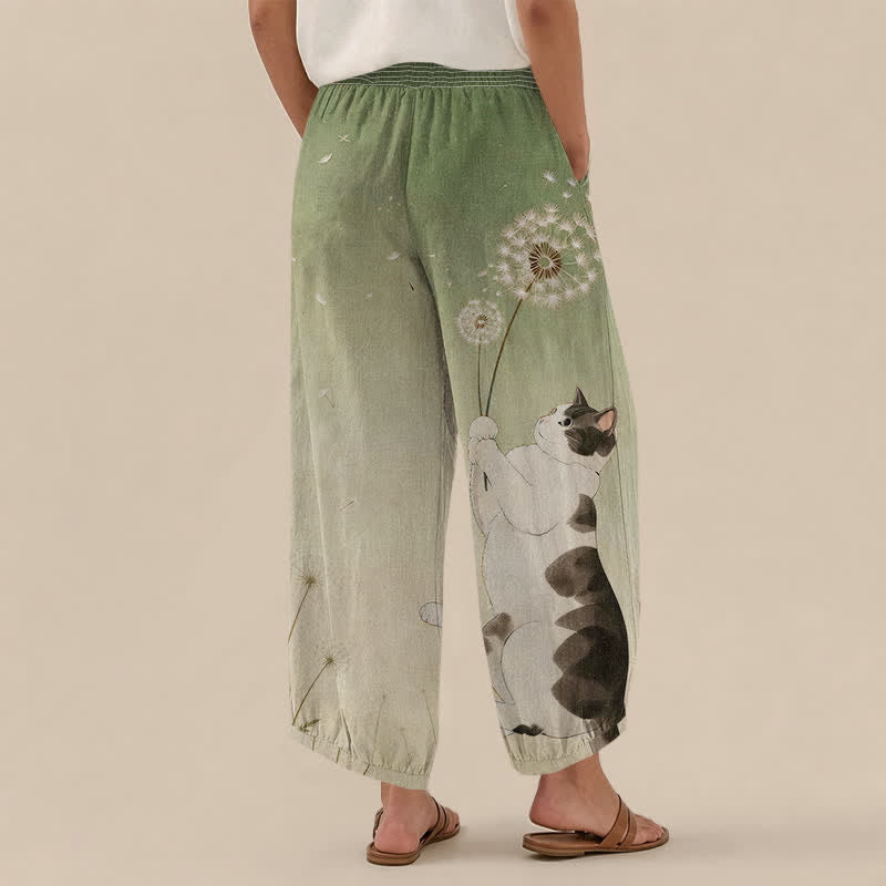 Buddha Stones Speelse katoenen harembroek met katten- en paardenbloemmotief, plooien, elastische Taille en Zakken. - image 8