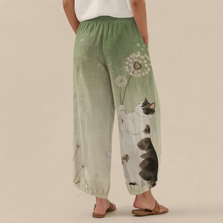 Buddha Stones Speelse katoenen harembroek met katten- en paardenbloemmotief, plooien, elastische Taille en Zakken. - image 8