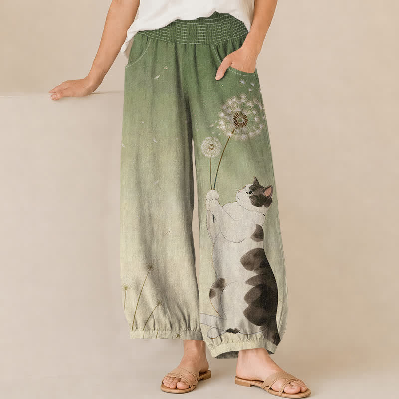 Buddha Stones Speelse katoenen harembroek met katten- en paardenbloemmotief, plooien, elastische Taille en Zakken. - Olijfgroen - US16, UK/AU20, EU48 (3XL) - image 6