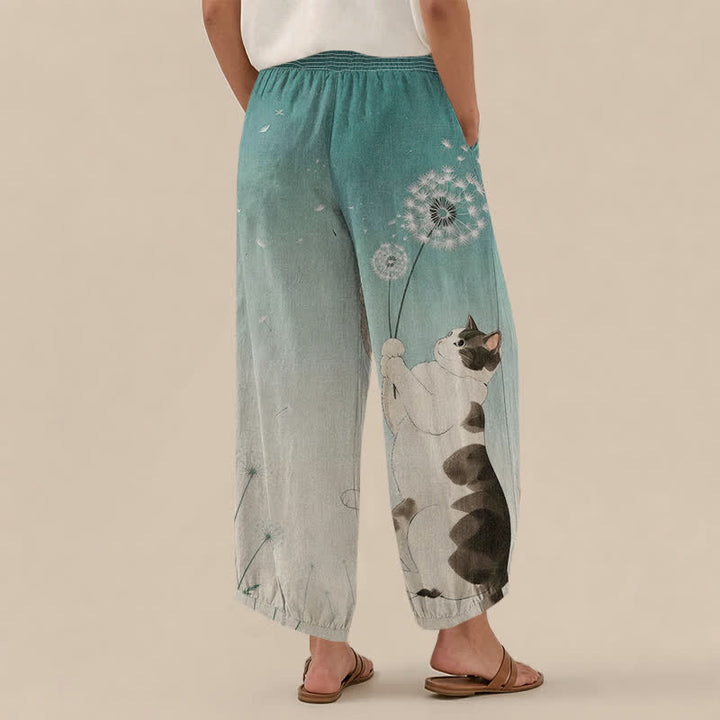 Buddha Stones Speelse katoenen harembroek met katten- en paardenbloemmotief, plooien, elastische Taille en Zakken. - image 12