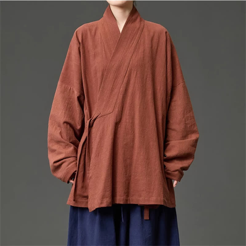 Buddha Stones Minimalistische herenkimono met Zakken in Tang-stijl voor de herfst/winter, gemaakt van effen katoen. - Sienna - US/UK/AU46, EU56 (5XL) - image 0