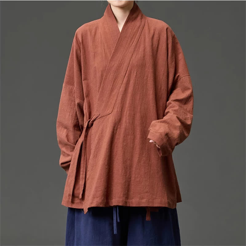 Buddha Stones Minimalistische herenkimono met Zakken in Tang-stijl voor de herfst/winter, gemaakt van effen katoen. - image 1