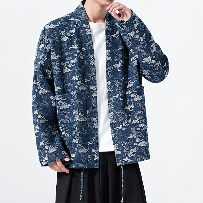 Buddha Stones Casual katoenen herenkimono met trekkoord en abstracte wolkenprint voor lente en herfst - image 1