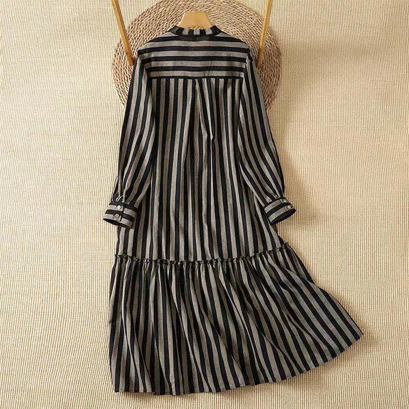 Buddha Stones Casual vintage jurk in Tang-stijl met Mandarin kraag en strepen, Lange mouw en Zakken voor dames. - image 1