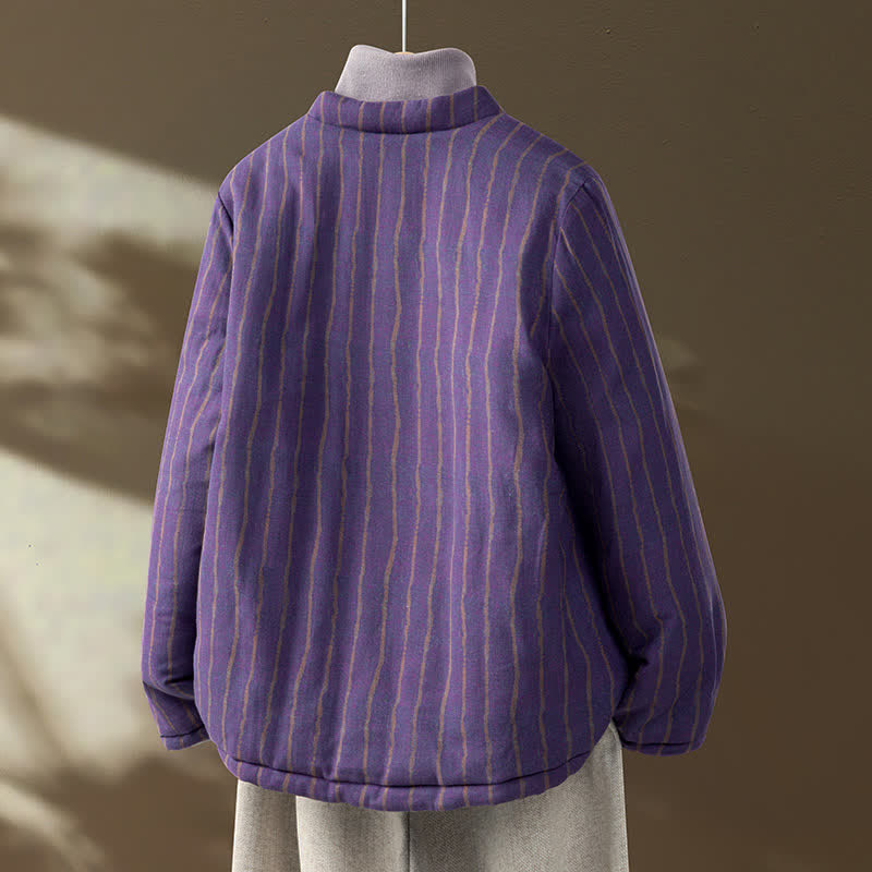 Buddha Stones Winterse casual Tang-stijl damesjas met kikkerknopen, paarse strepen en Zakken. - image 1