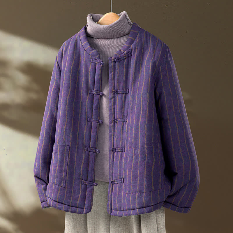 Buddha Stones Winterse casual Tang-stijl damesjas met kikkerknopen, paarse strepen en Zakken. - RebeccaPurple - US8-10, UK/AU12-14, EU40-42 (2XL) - image 0