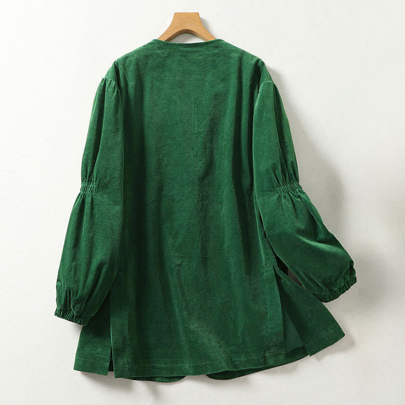 Buddha Stones Casual vintage damesjas met V-hals in effen groen corduroy met Zakken , geschikt voor de herfst en winter. - image 1