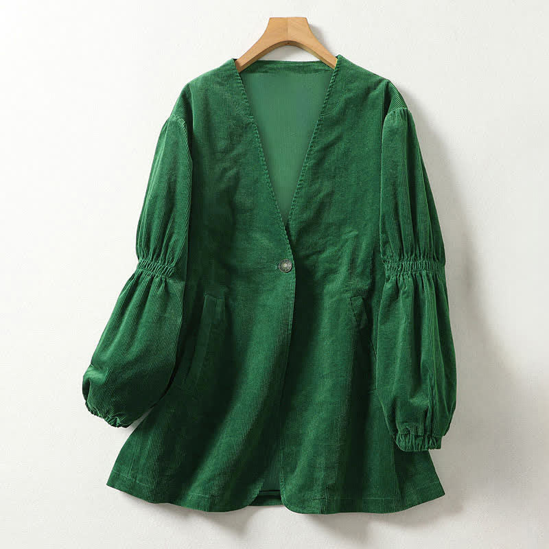 Buddha Stones Casual vintage damesjas met V-hals in effen groen corduroy met Zakken , geschikt voor de herfst en winter. - Bosgroen - US8-10, UK/AU12-14, EU40-42 (2XL) - image 0