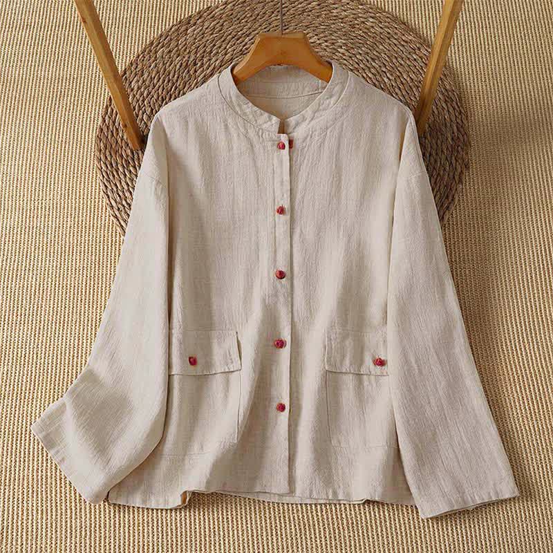 Buddha Stones Casual vintage Tang-stijl Overhemden met Lange mouw en Zakken , geschikt voor de herfst. - Beige - US8-10, UK/AU12-14, EU40-42 (2XL) - image 0