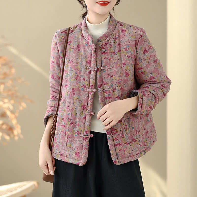 Buddha Stones Winterse vintage Tang-stijl damesjas met kikkerknopen, roze bloemenprint en Zakken - image 1