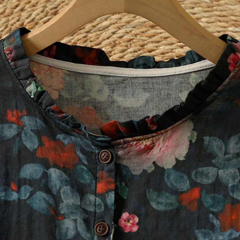 Buddha Stones Elegante vintage Tang-stijl blouse met knoopsluiting, Mandarin kraag en Overhemden voor dames met Lange mouw. - image 1