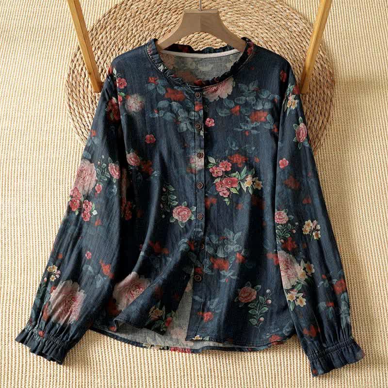 Buddha Stones Elegante vintage Tang-stijl blouse met knoopsluiting, Mandarin kraag en Overhemden voor dames met Lange mouw. - Zwart - US4-8/10, UK/AU8-12/14, EU36-40/42 (F) - image 0