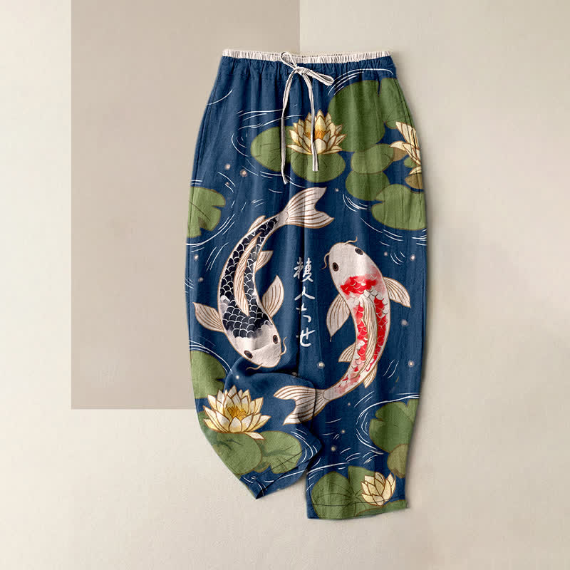 Buddha Stones Damesbroek van 100% Cotton met Japans koi- en lotuspatroon, elastische Taille en Zakken. - Marine - US16, UK/AU20, EU48 (3XL) - image 0