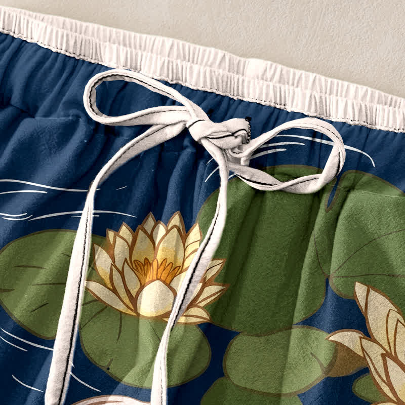 Buddha Stones Damesbroek van 100% Cotton met Japans koi- en lotuspatroon, elastische Taille en Zakken. - image 1