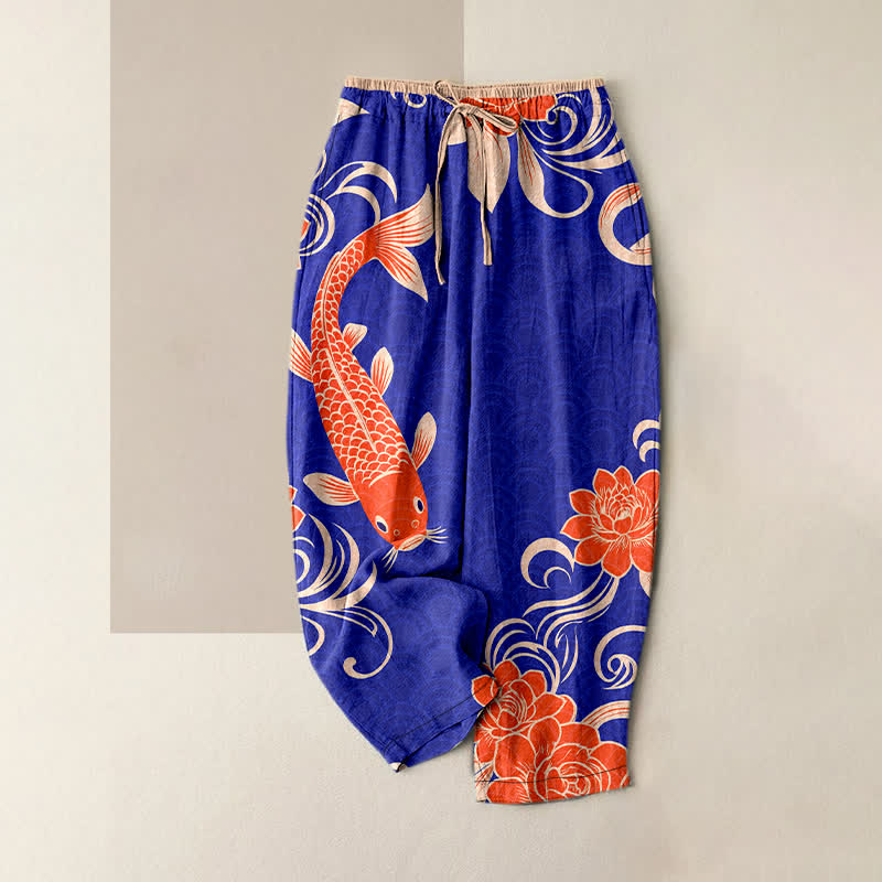 Buddha Stones Damesbroek van 100% Cotton met artistiek koi-golfpatroon, elastische Taille en Zakken. - Middenblauw - US16, UK/AU20, EU48 (3XL) - image 0