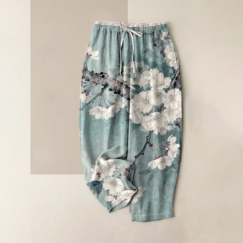 Buddha Stones Elegante damesbroek van 100% Cotton met bloemen- en takkenpatroon, elastische Taille en Zakken. - Poederblauw - US16, UK/AU20, EU48 (3XL) - image 0