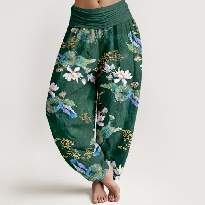 Buddha Stones Witte katoenen harembroek met lotusbladpatroon en elastische Taille voor dames - Bosgroen - US16, UK/AU20, EU48 (3XL) - image 0
