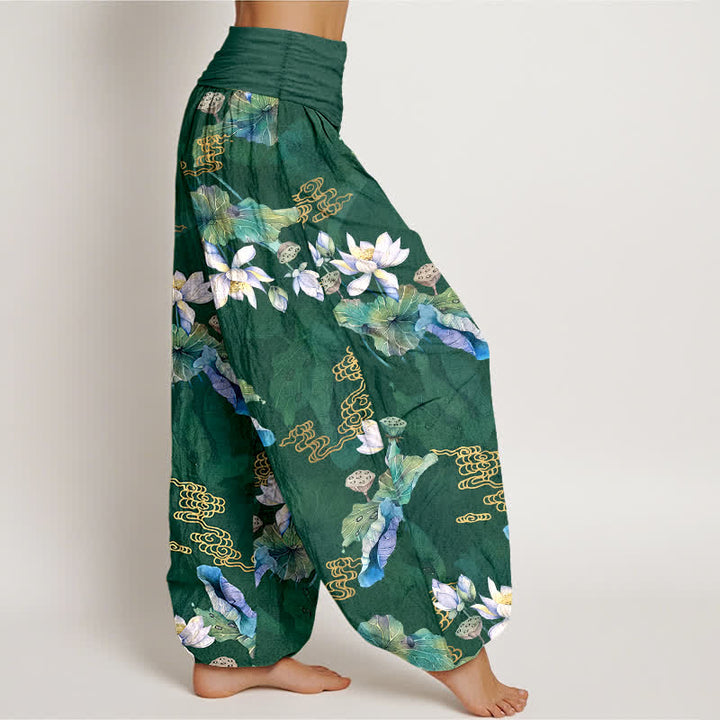 Buddha Stones Witte katoenen harembroek met lotusbladpatroon en elastische Taille voor dames - image 1