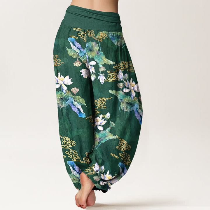 Buddha Stones Witte katoenen harembroek met lotusbladpatroon en elastische Taille voor dames - image 2