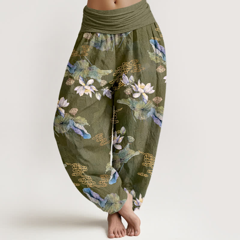Buddha Stones Witte katoenen harembroek met lotusbladpatroon en elastische Taille voor dames - Olijf - US16, UK/AU20, EU48 (3XL) - image 5