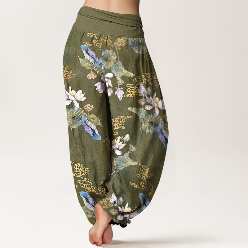 Buddha Stones Witte katoenen harembroek met lotusbladpatroon en elastische Taille voor dames - image 7