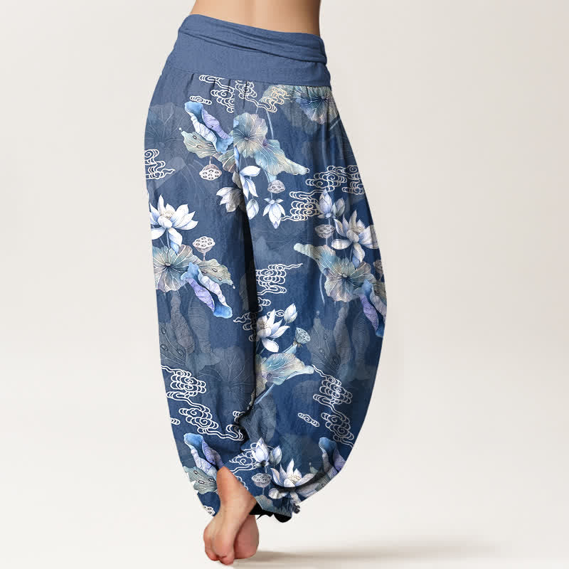 Buddha Stones Witte katoenen harembroek met lotusbladpatroon en elastische Taille voor dames - image 10