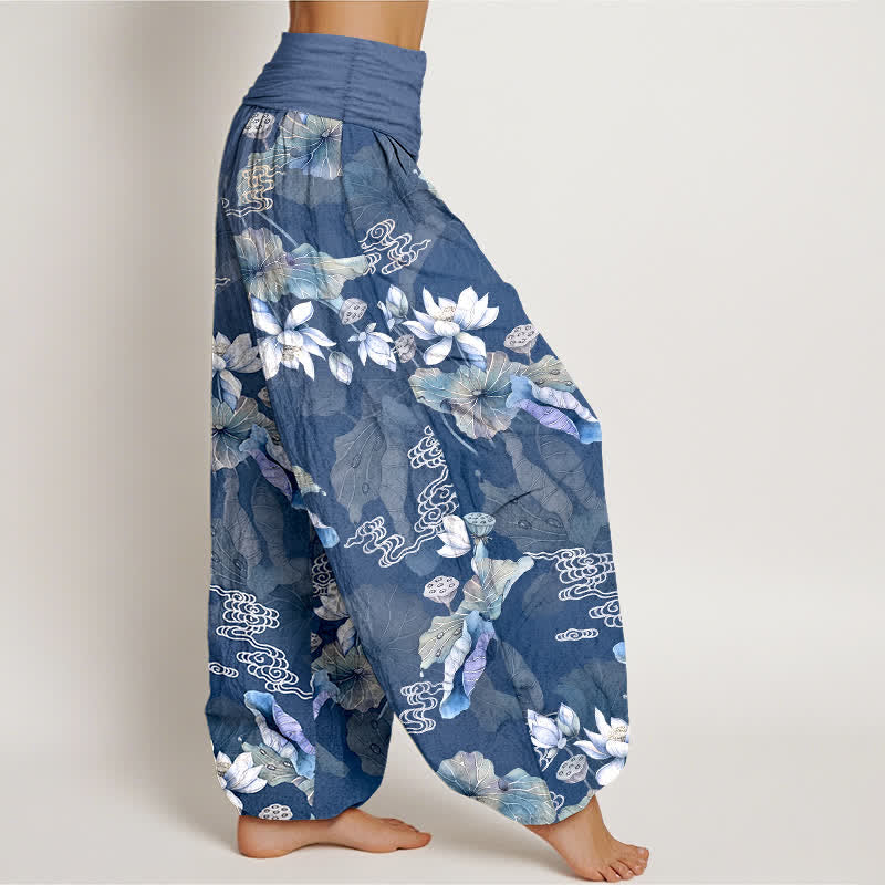 Buddha Stones Witte katoenen harembroek met lotusbladpatroon en elastische Taille voor dames - image 9