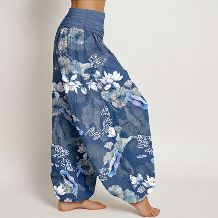 Buddha Stones Witte katoenen harembroek met lotusbladpatroon en elastische Taille voor dames - image 9