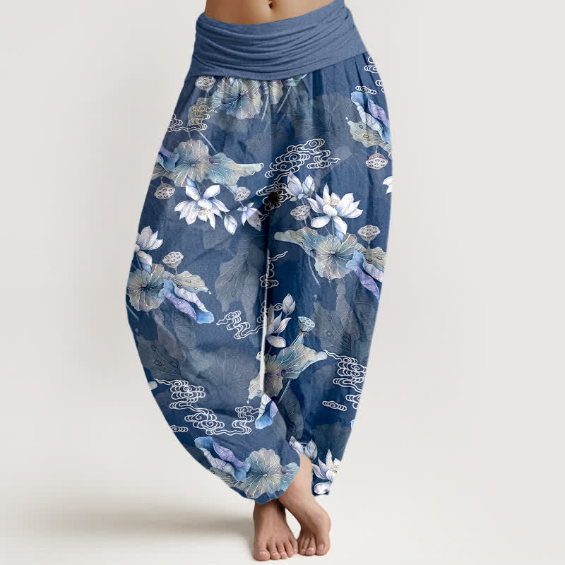 Buddha Stones Witte katoenen harembroek met lotusbladpatroon en elastische Taille voor dames - Staalblauw - US16, UK/AU20, EU48 (3XL) - image 8