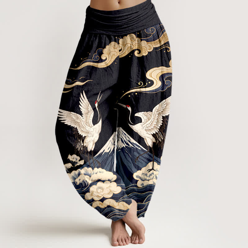 Buddha Stones Dames harembroek met elastische Taille en kraanvogel- en bergwolkenpatroon - Zwart - US16, UK/AU20, EU48 (3XL) - image 0