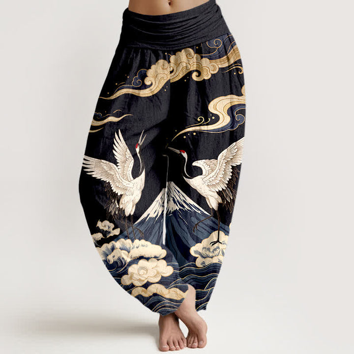 Buddha Stones Dames harembroek met elastische Taille en kraanvogel- en bergwolkenpatroon - Zwart - US16, UK/AU20, EU48 (3XL) - image 0