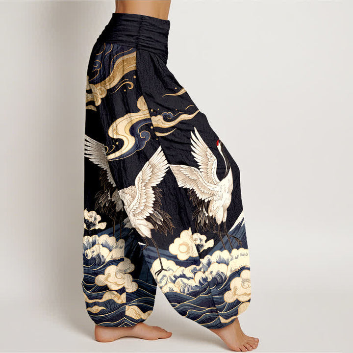 Buddha Stones Dames harembroek met elastische Taille en kraanvogel- en bergwolkenpatroon - image 1