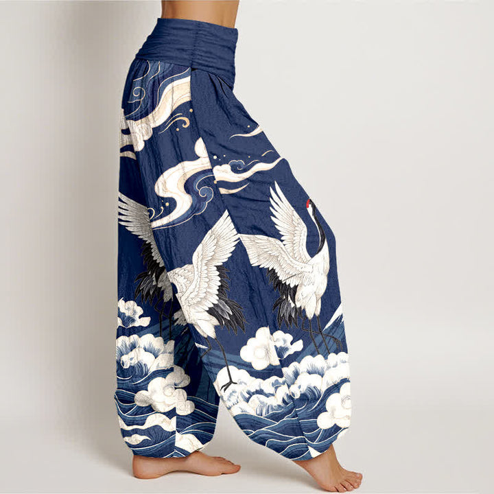 Buddha Stones Dames harembroek met elastische Taille en kraanvogel- en bergwolkenpatroon - image 6