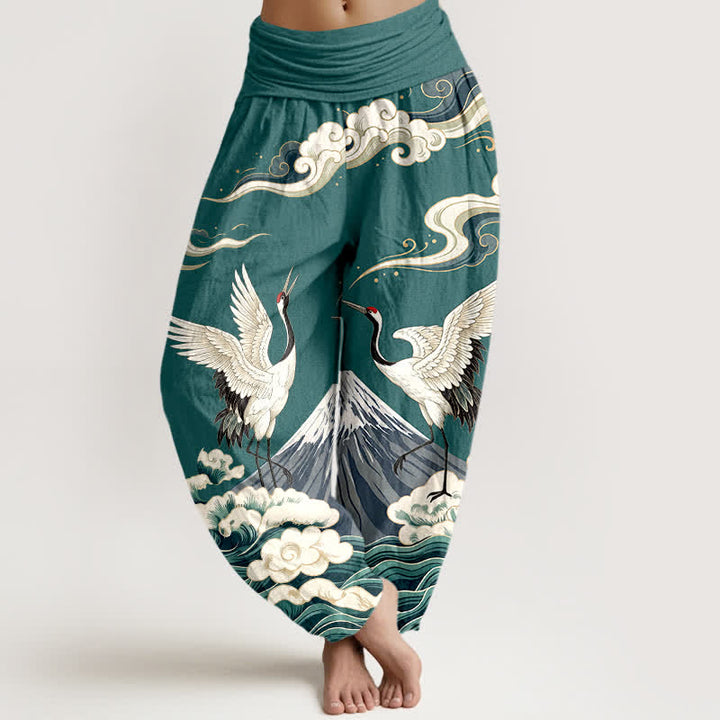 Buddha Stones Dames harembroek met elastische Taille en kraanvogel- en bergwolkenpatroon - Teal - US16, UK/AU20, EU48 (3XL) - image 8