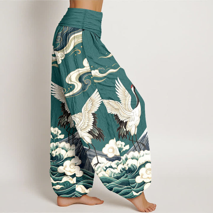 Buddha Stones Dames harembroek met elastische Taille en kraanvogel- en bergwolkenpatroon - image 9