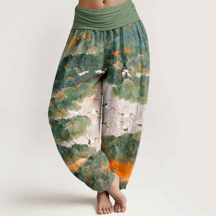 Buddha Stones Dames harembroek met elastische Taille en kraanvogel- en wolkenpatroon - Lichtgroen - US16, UK/AU20, EU48 (3XL) - image 0