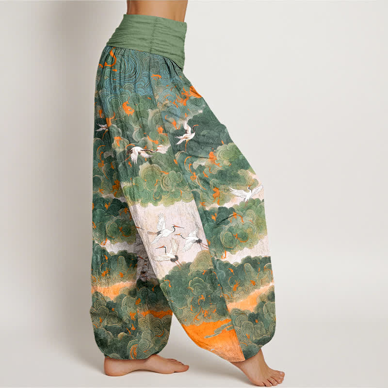 Buddha Stones Dames harembroek met elastische Taille en kraanvogel- en wolkenpatroon - image 1